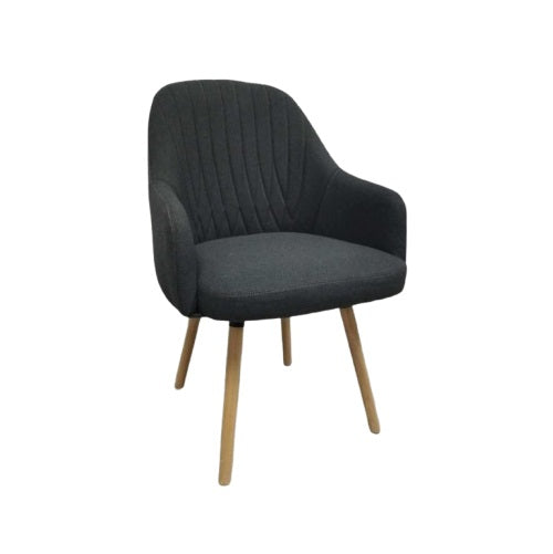 A stylish chair with wooden legs and a black upholstered seat, perfect for contemporary living spaces.