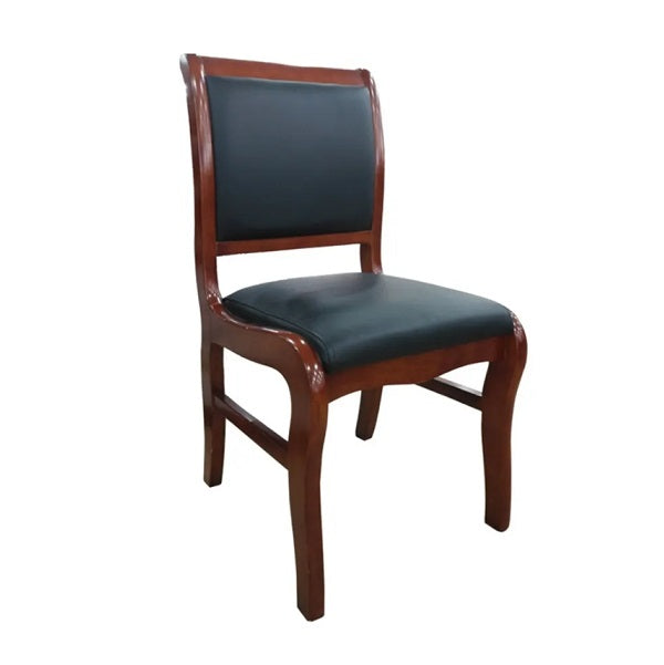 A wooden chair featuring a sleek black leather upholstered seat, combining elegance and comfort in design.