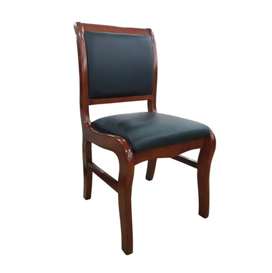 A wooden chair featuring a sleek black leather upholstered seat, combining elegance and comfort in design.