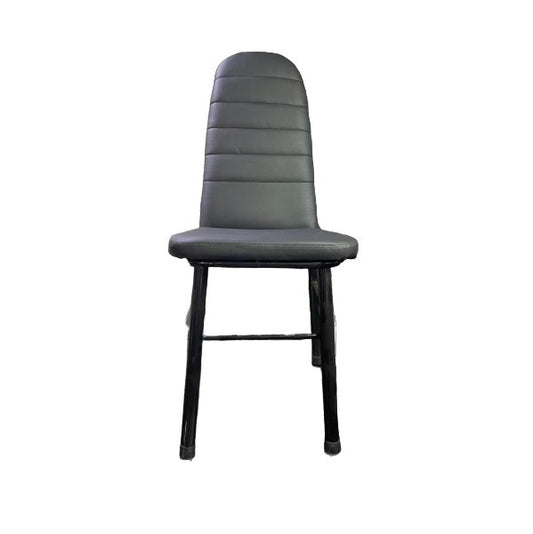 A sleek black leather chair featuring a sturdy metal frame, showcasing modern design and comfort.