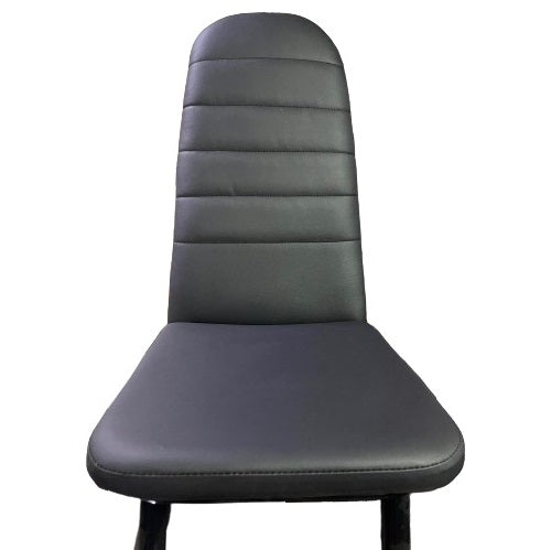 A sleek black leather chair featuring a sturdy metal frame, showcasing modern design and comfort.