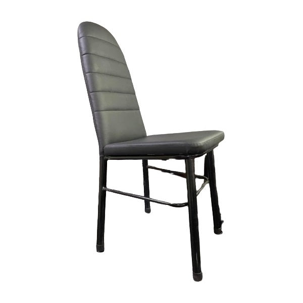 A sleek black leather chair featuring a sturdy metal frame, showcasing modern design and comfort.