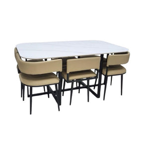 Darian 6 Seater Dining Set | Glossy Rectangular Sintered Stone Table Top with Rounded Edges & Beige Upholstered Chairs