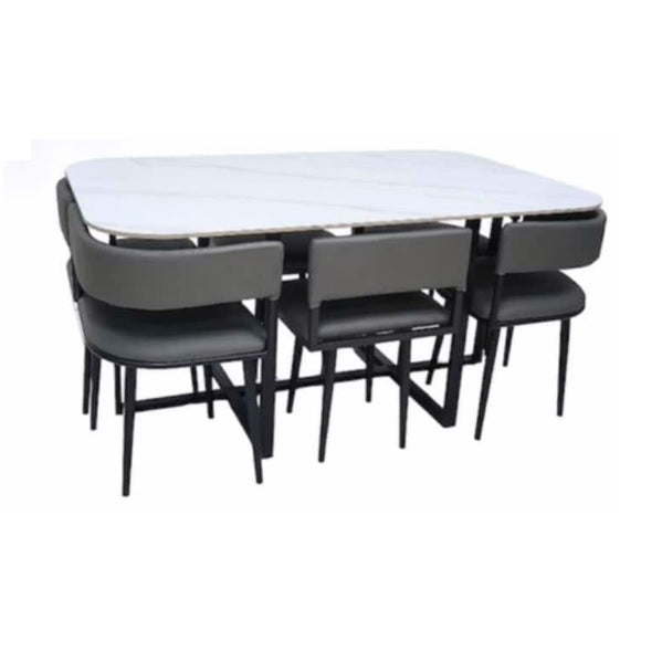 A dining table with a marble top surrounded by six elegant chairs, creating a sophisticated dining space.