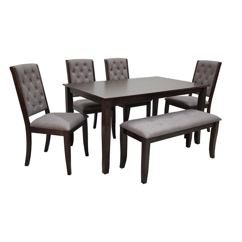 A dining table surrounded by four chairs and a bench, creating a cozy and inviting dining space.