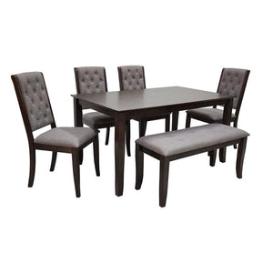 Divine 6 Seater Dining Set | Rectangular Wooden Dining Set with 4 Chairs, 1 Bench & Fabric Upholstered Seats
