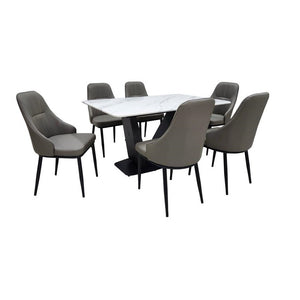 Baxter 6 Seater Dining Set | Rectangular Marble Finish Table Top with Metal Pedestal Base & Upholstered Chairs