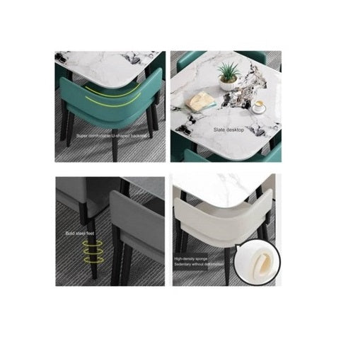 Basil 4 Seater Dining Set | Square Marble Finish Table Top with Metal Frame & Upholstered Chairs