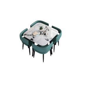 Basil 4 Seater Dining Set | Square Marble Finish Table Top with Metal Frame & Upholstered Chairs