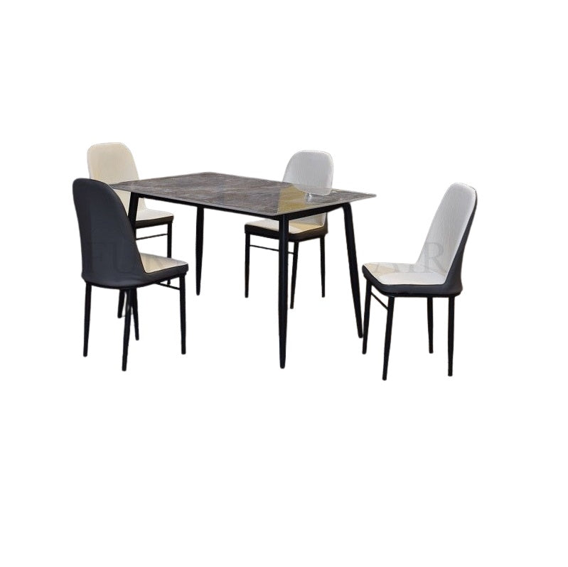 Bela Dining Set | 4 & 6 Seater Rectangular Marble Finish Table Top with Metal Frame & Upholstered Chairs