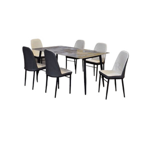 Bela Dining Set | 4 & 6 Seater Rectangular Marble Finish Table Top with Metal Frame & Upholstered Chairs