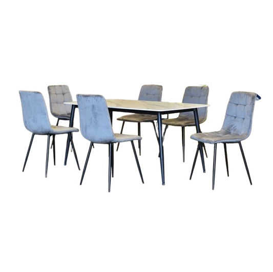 Barnaby Dining Set | 4 & 6 Seater Rectangular Wood Table Top with Metal Frame & Fabric Upholstered Chairs