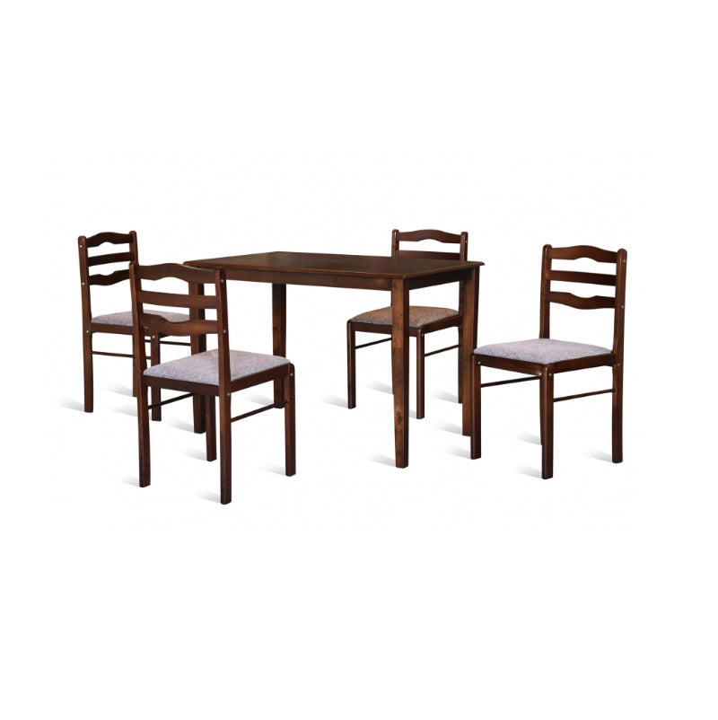 A modern dining table with four matching chairs, designed for comfort and social dining experiences.