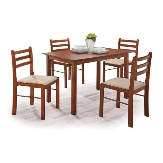 A modern dining table with matching chairs, designed for comfort and social dining experiences.