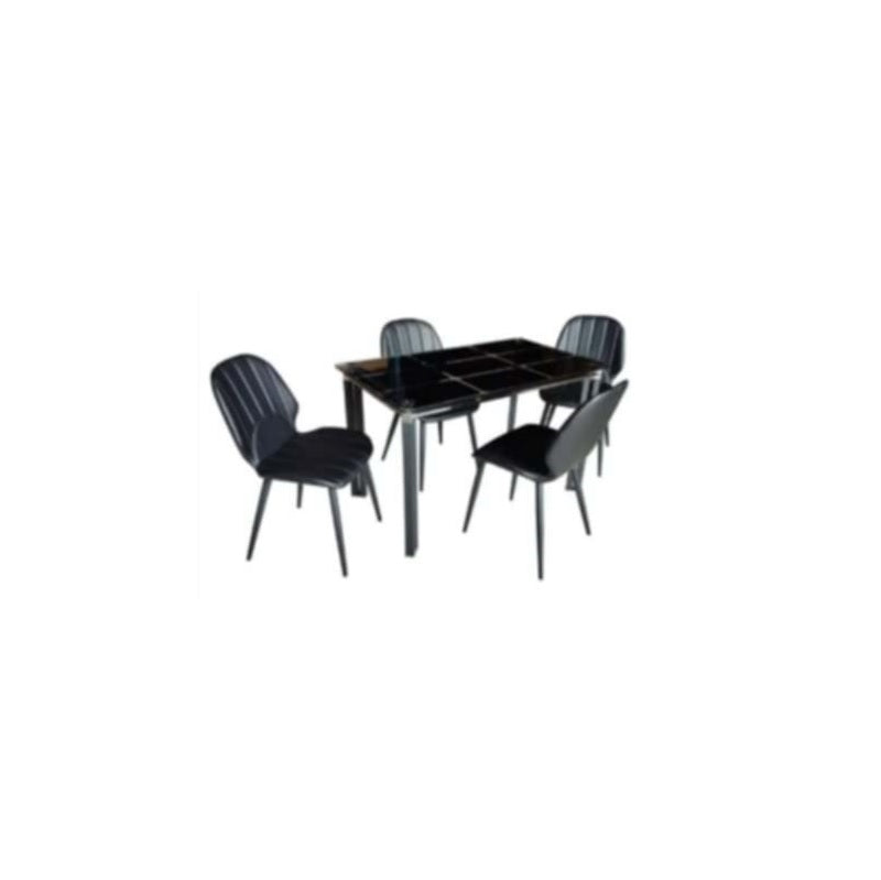 A modern dining table with matching chairs, designed for comfort and social dining experiences.