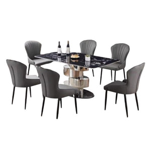 Benjamin 6 Seater Dining Set | Rectangular Marble Finish Table Top with Metal Legs & Upholstered Chairs