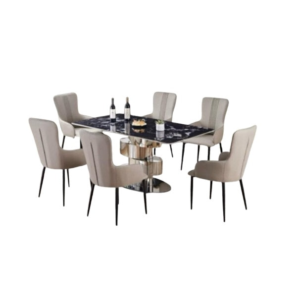 Barclay 6 Seater Dining Set | Rectangular Marble Finish Table Top with Stainless Steel Base & Upholstered Chairs