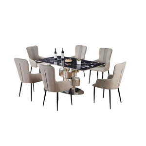 Barclay 6 Seater Dining Set | Rectangular Marble Finish Table Top with Stainless Steel Base & Upholstered Chairs
