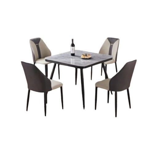 Barbie 4 Seater Dining Set | Square Marble Finish Table Top with Metal Frame & Upholstered Chairs