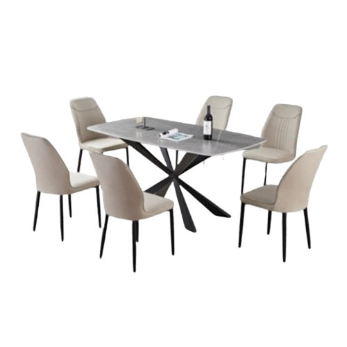 Banjo 6 Seater Dining Set | Rectangular Marble Finish Table Top with Metal Frame & Upholstered Chairs