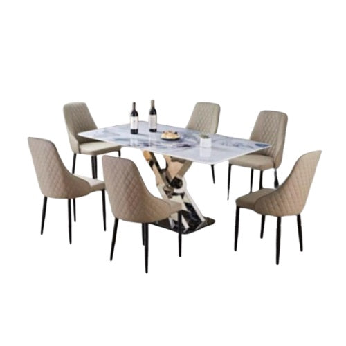 A dining table surrounded by 6 chairs, creating a cozy and inviting dining space.
