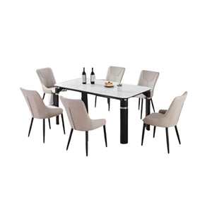 Daniel 6 Seater Dining Set | Rectangular Marble Finish Table Top with Stainless Steel Legs & Upholstered Chairs