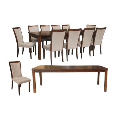 10-seater dirty oak dining set with engineered wood table and cushioned gray chairs.