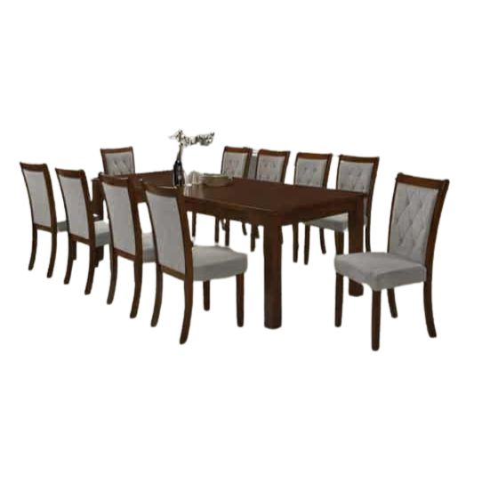 10-seater walnut brown dining set with wooden table and cushioned chairs