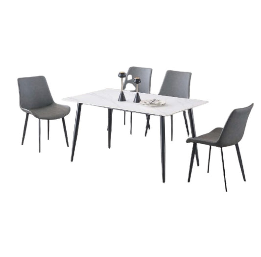 A modern dining table with matching chairs, designed for comfort and social dining experiences.