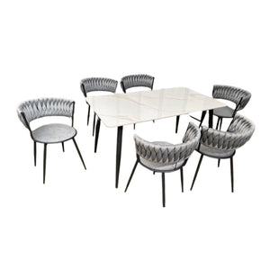 Elias 6 Seater Dining Set | Steel Frame with Rectangular Sintered Stone Table Top & Upholstered Chairs