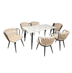 Henry 6 Seater Dining Set | Steel Frame with Rectangular Sintered Stone Table Top & Upholstered Chairs