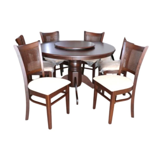 A modern dining table with matching chairs, designed for comfort and social dining experiences.