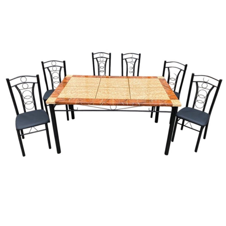 A modern dining table with matching chairs, designed for comfort and social dining experiences.