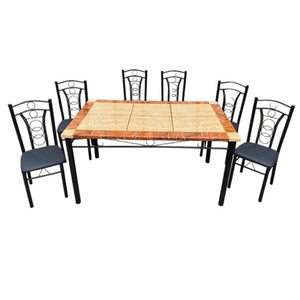 Ames 6 Seater Dining Set | Metal Frame with Rectangular Marble Finish Table Top & Chairs with Cushioned Seats