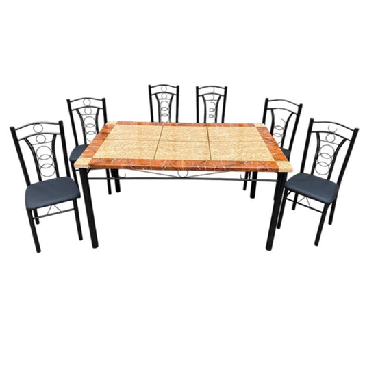 A modern dining table with matching chairs, designed for comfort and social dining experiences.