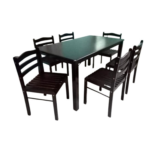 A modern dining table with matching chairs, designed for comfort and social dining experiences.