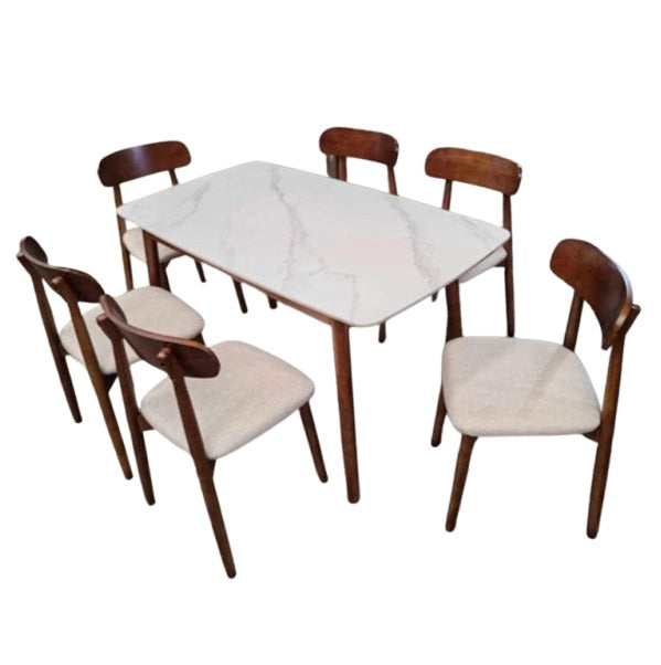 Bam-Bam Dining Set | 4 & 6 Seater Rectangular Marble Finish Table Top with Wooden Frame & Wooden Chairs