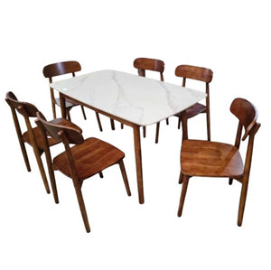 Bam-Bam Dining Set | 4 & 6 Seater Rectangular Marble Finish Table Top with Wooden Frame & Wooden Chairs