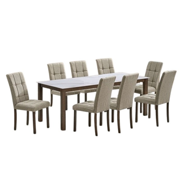 Akim Dining Set | 4, 6 & 8 Seater Rectangular Wooden Dining Set with Fabric Upholstered Chairs