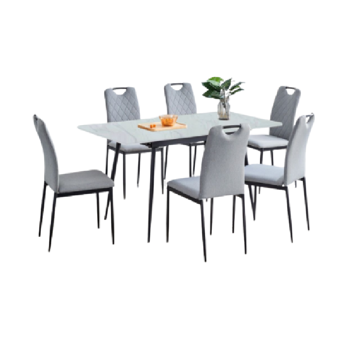 Foxtail 4 Seater Dining Set | Rectangular Marble Finish Table Top with Metal Frame & Fabric Upholstered Chairs
