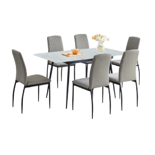 Frizzle 4 Seater Dining Set | Rectangular Marble Finish Table Top with Metal Frame & Fabric Upholstered Chairs