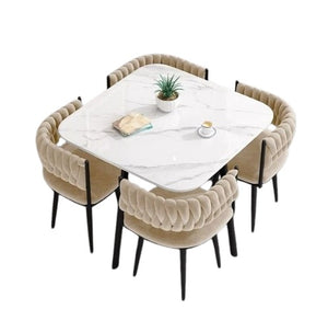 Bacchus 4 Seater Dining Set | Square Marble Finish Table Top with Metal Frame & Velvet Upholstered Chairs