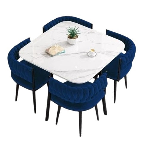 Bacchus 4 Seater Dining Set | Square Marble Finish Table Top with Metal Frame & Velvet Upholstered Chairs