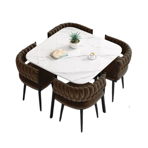 Bacchus 4 Seater Dining Set | Square Marble Finish Table Top with Metal Frame & Velvet Upholstered Chairs