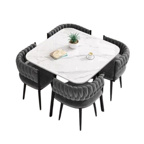 Bacchus 4 Seater Dining Set | Square Marble Finish Table Top with Metal Frame & Velvet Upholstered Chairs