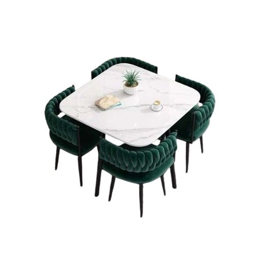 Bacchus 4 Seater Dining Set | Square Marble Finish Table Top with Metal Frame & Velvet Upholstered Chairs