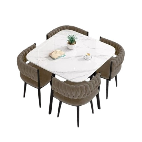 Bacchus 4 Seater Dining Set | Square Marble Finish Table Top with Metal Frame & Velvet Upholstered Chairs