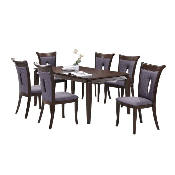 A modern dining table with matching chairs, designed for comfort and social dining experiences.