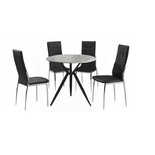 Doll 4 Seater Dining Set | Round Marble Finish Table Top with Metal Base & Leatherette Upholstered Chairs