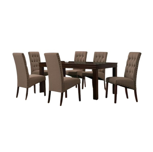 Amber Dining Set | 6 & 8 Seater Solid Wood Dining Table with Tufted Fabric Chairs & Nailhead Trim